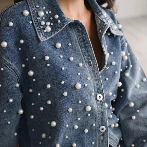 Blue Casual Women's Pearl and Rhinestone Decorated Button-Up Long Denim Blouse - Picture 6 of 7